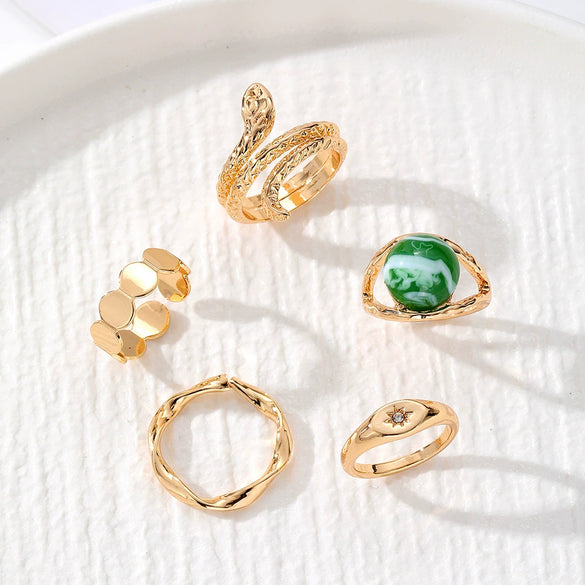 Alloy Retro Geometric Snakeshaped Diamond Ring 5Piece Set For Women