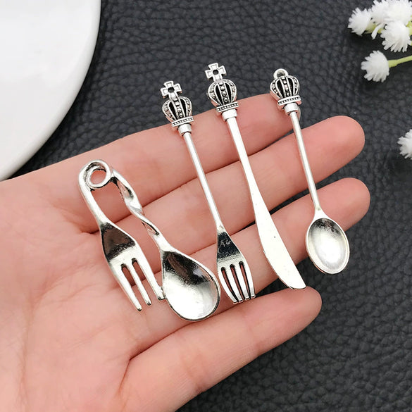 Alloy Retro Jewelry Accessories Pendant With Stereo Crown Knife Fork Spoon Electroplating Design For Diy