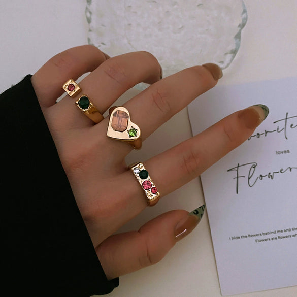 Alloy Retro Love Square Rhinestone Heart Diamond Ring Unisex