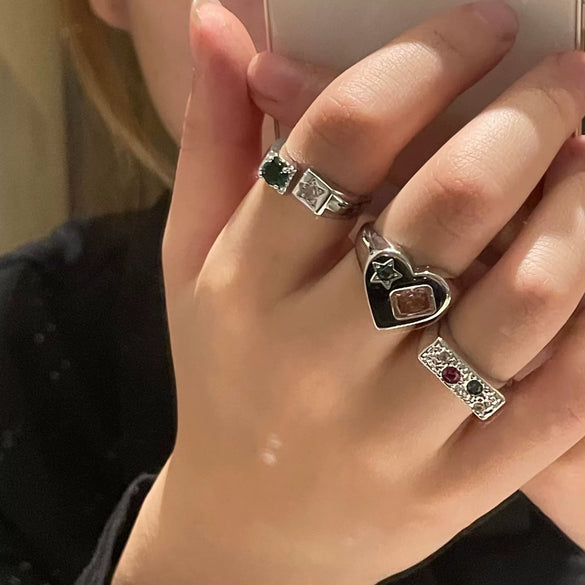 Alloy Retro Love Square Rhinestone Heart Diamond Ring Unisex
