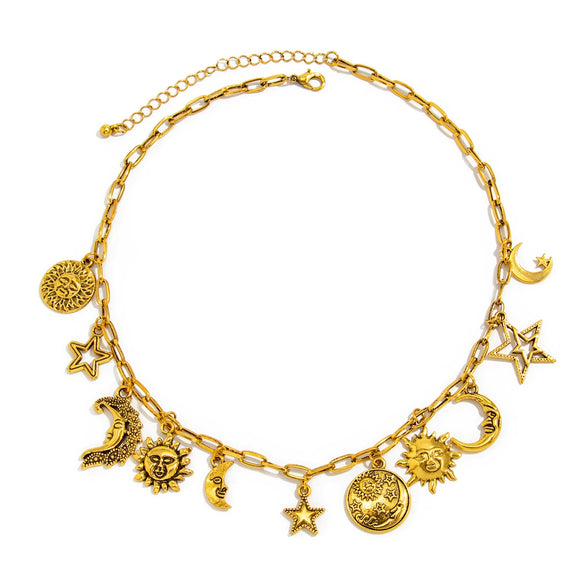 Alloy Retro Pendant Necklace With Sun Moon Star Constellation Pattern Electroplated For Women