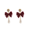 Alloy Retro Red Flocking Bow Pearl Earrings With Electroplating For Women