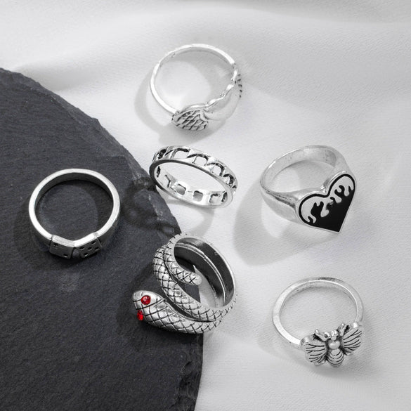 Alloy Retro Snake Love Geometric Ring Set With Electroplating For Women