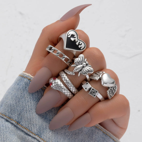 Alloy Retro Snake Love Geometric Ring Set With Electroplating For Women
