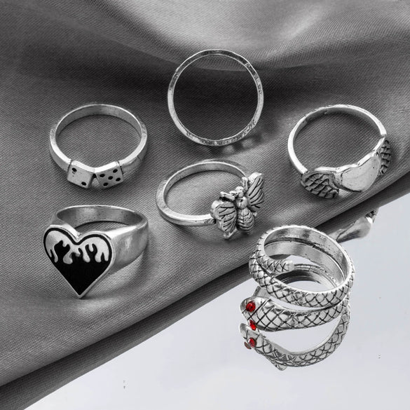 Alloy Retro Snake Love Geometric Ring Set With Electroplating For Women