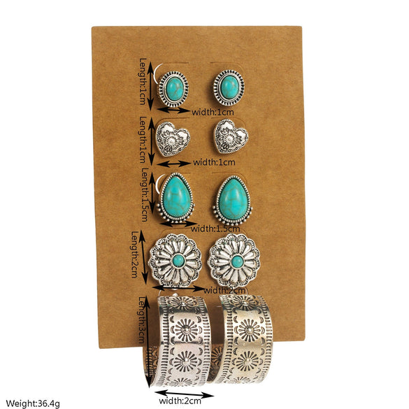 Alloy Retro Turquoise Inlaid Flower Heart Geometric Earrings Set