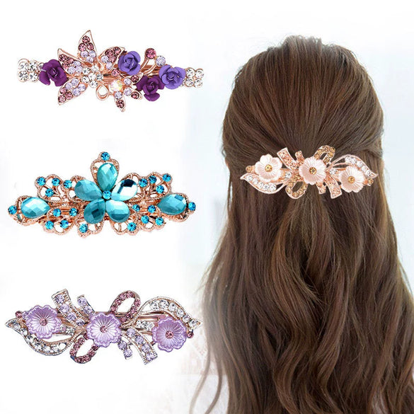 Alloy Rhinestone Bow Pearl Flower Crystal Hairpin For Women Electroplated Hair Accessory