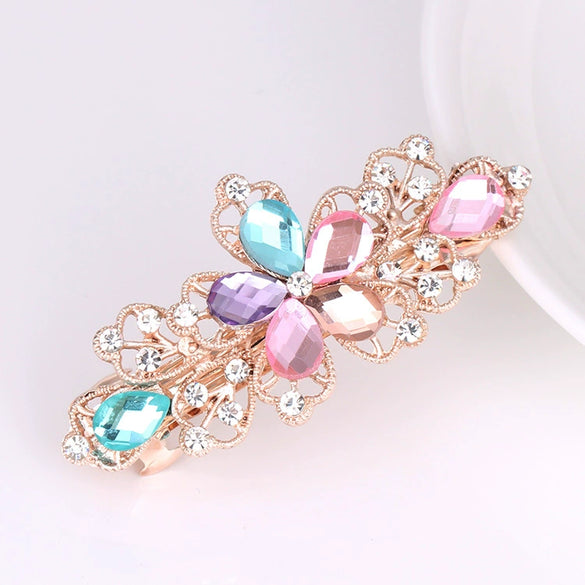 Alloy Rhinestone Bow Pearl Flower Crystal Hairpin For Women With Electroplating