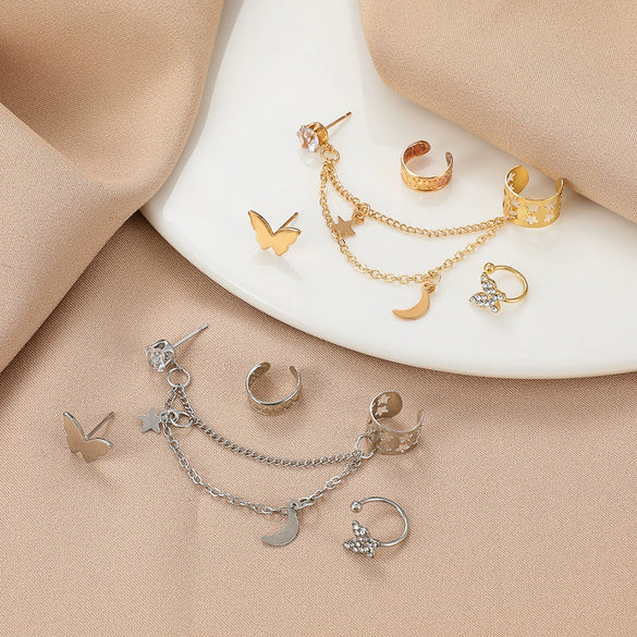 Alloy Rhinestone Butterfly Hollow Nonperforated Cartilage Earrings Electroplating Star And Moon Integrated Chain Ear Clip For Women Styling With Animals Zodiac Pattern