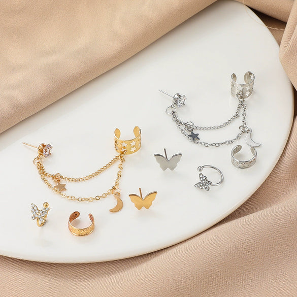 Alloy Rhinestone Butterfly Hollow Nonperforated Cartilage Earrings Electroplating Star And Moon Integrated Chain Ear Clip For Women Styling With Animals Zodiac Pattern