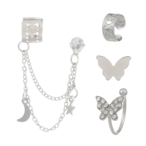 Alloy Rhinestone Butterfly Hollow Nonperforated Cartilage Earrings Electroplating Star And Moon Integrated Chain Ear Clip For Women Styling With Animals Zodiac Pattern