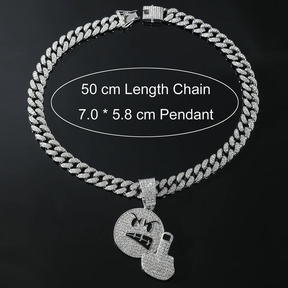 Alloy Rhinestone Diamond Emoji Anger Pendant Cuban Chain Hiphop Men's Necklace