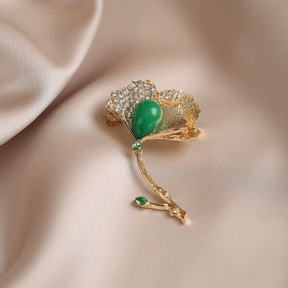 Alloy Rhinestone Electroplated Ginkgo Leaf Flower Brooch For Women