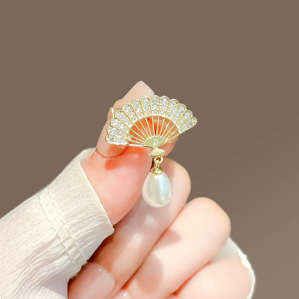 Alloy Rhinestone Fan Pearl Brooch Electroplating Women's Accessories