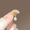 Alloy Rhinestone Fan Pearl Brooch Women's Highend Niche Antiexposure Buckle Collar Accessory With Electroplating