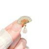 Alloy Rhinestone Fan Pearl Brooch Women's Highend Niche Antiexposure Buckle Collar Accessory With Electroplating