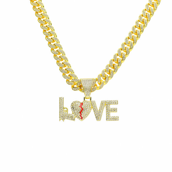 Alloy Rhinestone Letter Love Pendant Necklace For Men Cuban Chain Style Diamond Design