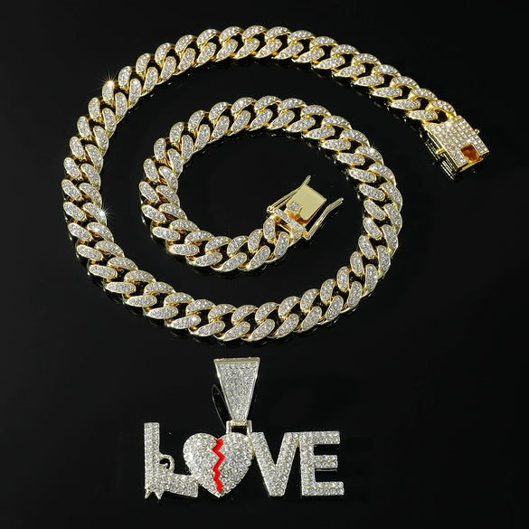 Alloy Rhinestone Letter Love Pendant Necklace For Men Cuban Chain Style Diamond Design