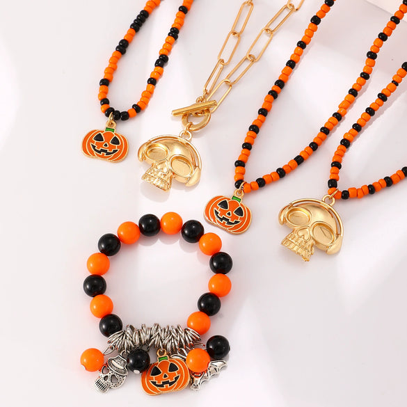 Alloy Rice Bead Gothic Halloween Skull Pendant Necklace Handmade With Geometric Pattern