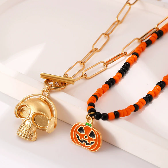 Alloy Rice Bead Gothic Halloween Skull Pendant Necklace Handmade With Geometric Pattern