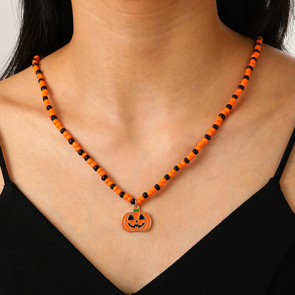 Alloy Rice Bead Gothic Halloween Skull Pendant Necklace Handmade With Geometric Pattern