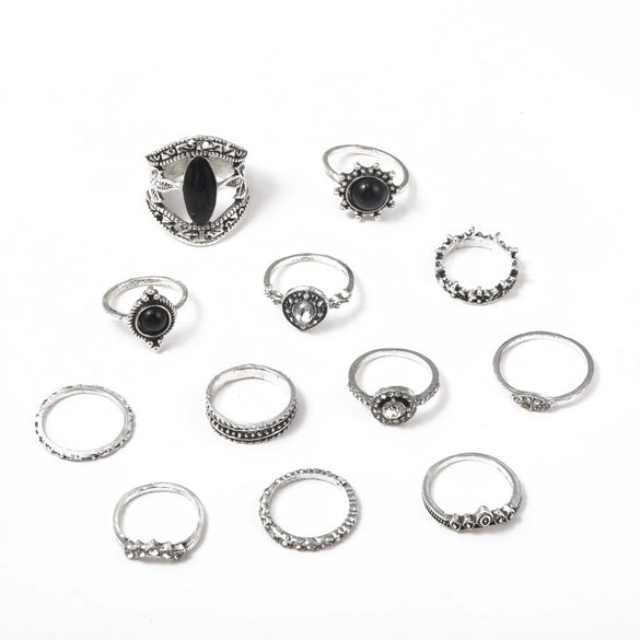 Alloy Ring Retro Style With Geometric Pattern Electroplated And Black Gem