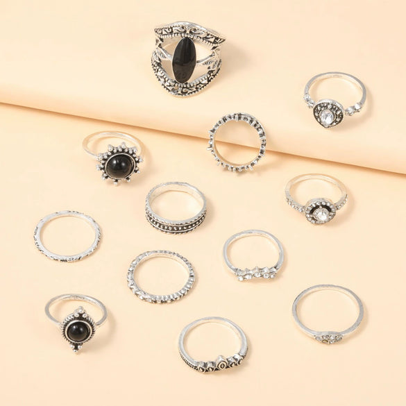 Alloy Ring Retro Style With Geometric Pattern Electroplated And Black Gem