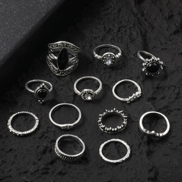 Alloy Ring Retro Style With Geometric Pattern Electroplated And Black Gem
