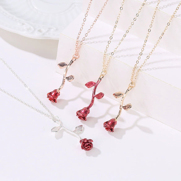 Alloy Rose Flower Pendant Necklace With Baking Paint For Women