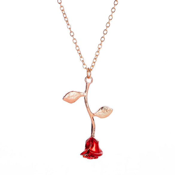 Alloy Rose Flower Pendant Necklace With Baking Paint For Women
