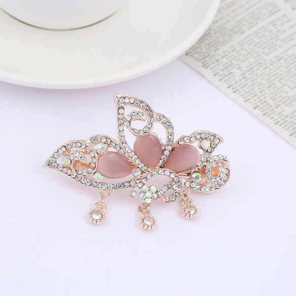 Alloy Rose Gold Plated Butterfly Cat's Eye Stone Horizontal Clip Tassel Hairpin For Women
