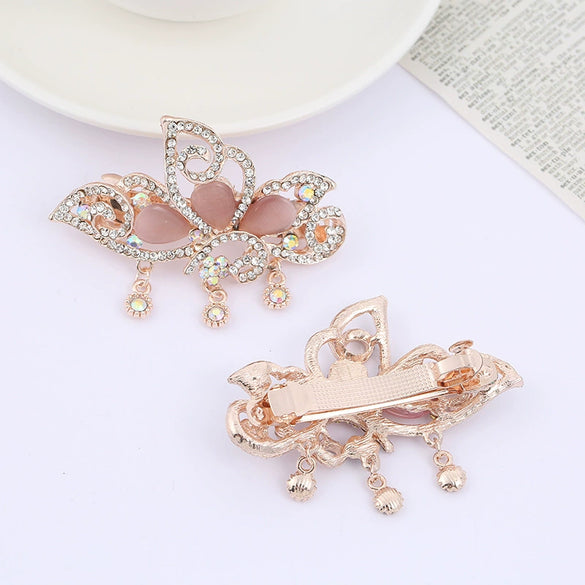 Alloy Rose Gold Plated Butterfly Cat's Eye Stone Horizontal Clip Tassel Hairpin For Women