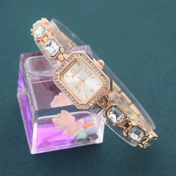 Alloy Rose Gold Women's Bracelet Watch Square Diamond Casual Quartz Watch