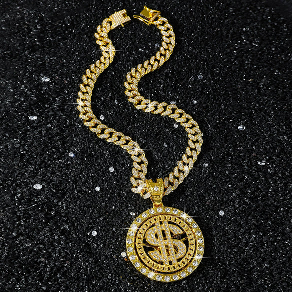 Alloy Rotating Us Dollar Pendant Necklace For Men With Diamond Design And Cuban Chain Style