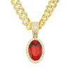 Alloy Ruby Oval Pendant Cuban Chain Necklace Men's Hiphop Geometric Jewelry With Diamond Treatment