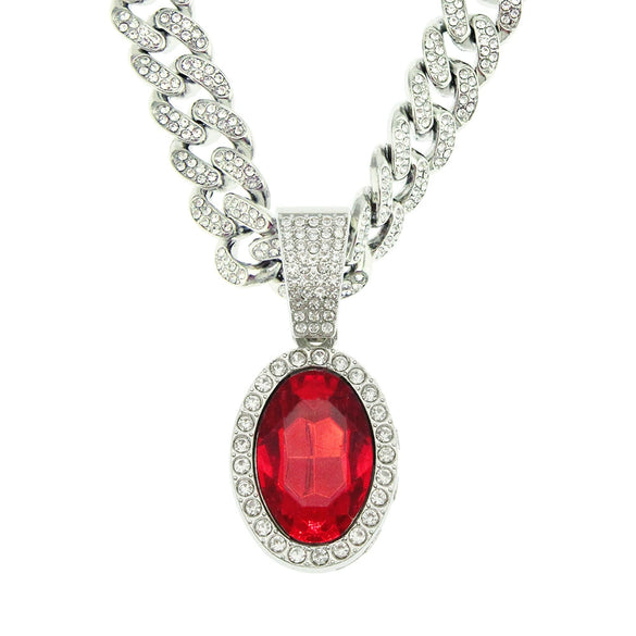Alloy Ruby Oval Pendant Cuban Chain Necklace Men's Hiphop Geometric Jewelry With Diamond Treatment