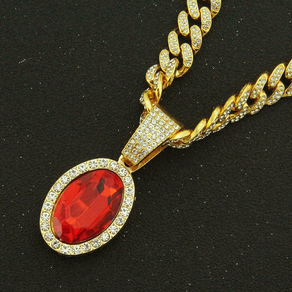 Alloy Ruby Oval Pendant Cuban Chain Necklace Men's Hiphop Geometric Jewelry With Diamond Treatment