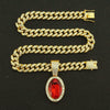 Alloy Ruby Oval Pendant Cuban Chain Necklace Men's Hiphop Geometric Jewelry With Diamond Treatment
