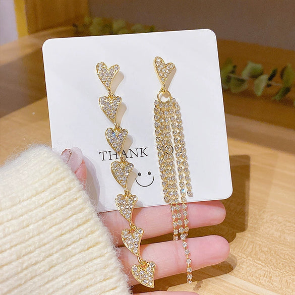 Alloy S925 Silver Needle Asymmetric Heart Diamond Tassel Women's Earrings