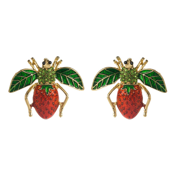 Alloy S925 Silver Needle Women's Retro Fruit Food Style Diamondencrusted Oil Dripping Bee Strawberry Earrings