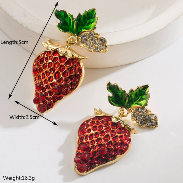 Alloy S925 Silver Needle Women's Retro Fruit Food Style Diamondencrusted Oil Dripping Bee Strawberry Earrings
