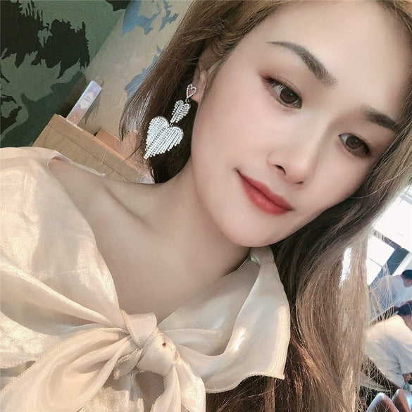 Alloy S925 Silver Rhinestone Tassel Peach Heart Long Earrings With Electroplating For Women