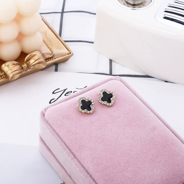 Alloy S925 Silver Stud Earrings Geometric Style With Diamond Four Leaf Lucky Grass Design For Women