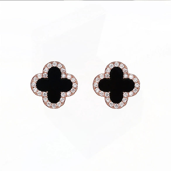 Alloy S925 Silver Stud Earrings Geometric Style With Diamond Four Leaf Lucky Grass Design For Women