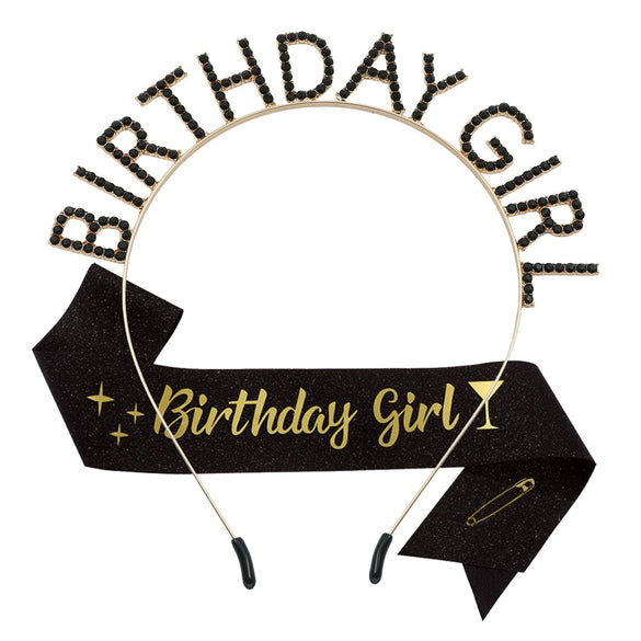 Alloy Satin Birthday Girl Crown Headband Shoulder Strap Set Semimanual Semimechanical Headdress Party Belt