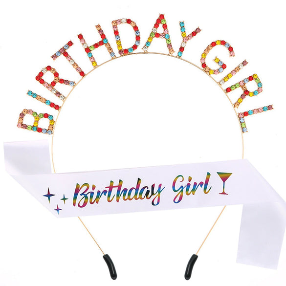 Alloy Satin Birthday Girl Crown Headband Shoulder Strap Set Semimanual Semimechanical Headdress Party Belt