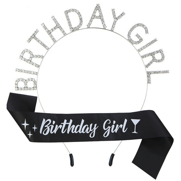 Alloy Satin Birthday Girl Crown Headband Shoulder Strap Set Semimanual Semimechanical Headdress Party Belt