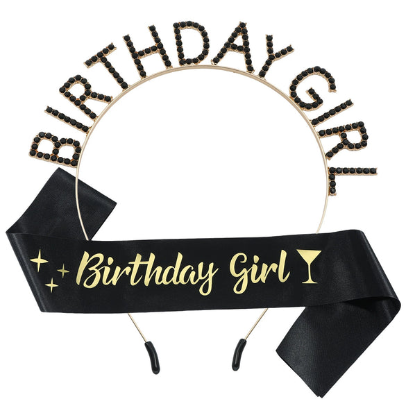 Alloy Satin Birthday Girl Crown Headband Shoulder Strap Set Semimanual Semimechanical Headdress Party Belt