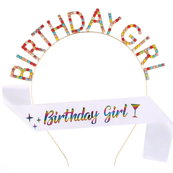 Alloy Satin Birthday Girl Crown Headband Shoulder Strap Set Semimanual Semimechanical Headdress Party Belt