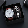 Alloy Shell Imitation Leather Strap Men's Leisure Quartz Watch With Round Dial And Blue Light Twopiece Set
